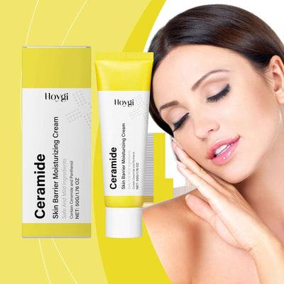 Ceramide Moisturizing Cream packaging next to a woman applying cream to her face for hydration and nourishment.